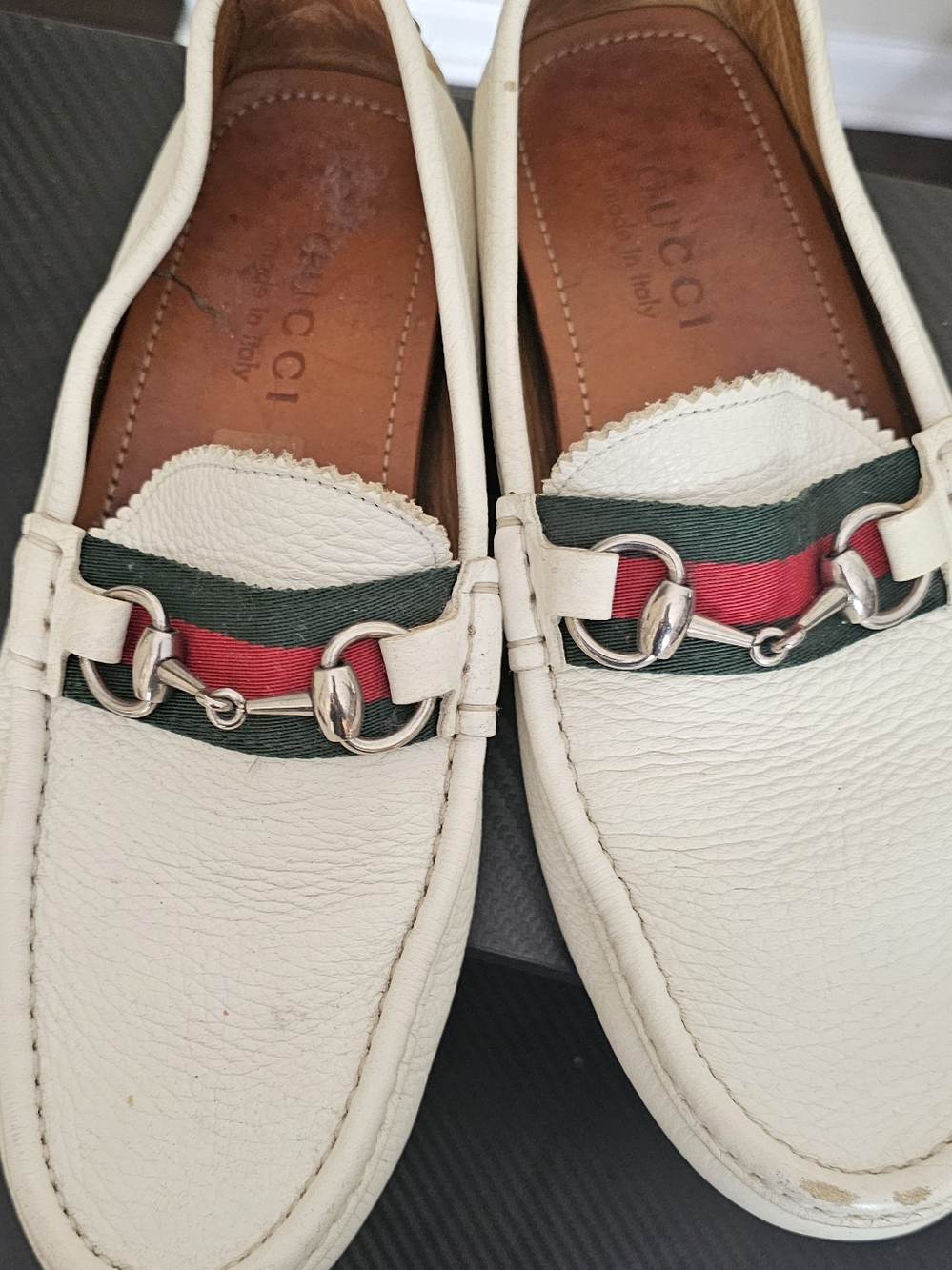 Gucci White Leather Loafers with Green-Red Web Stripe and Silver Horsebit